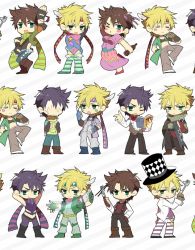 Rule 34 | 2boys, aged down, alternate costume, battle tendency, blonde hair, book, boots, bow, bowtie, brown hair, bubble, caesar anthonio zeppeli, checkered clothes, checkered headwear, chibi, cloak, clothing cutout, comic, crop top, cropped jacket, dress, facial mark, fingerless gloves, food, fork, formal, gloves, green eyes, hat, jacket, jojo no kimyou na bouken, joseph joestar, joseph joestar (young), knee pads, leotard, male focus, midriff, multiple boys, multiple persona, multiple views, official alternate costume, pants, pasta, purple hair, red bow, red bowtie, ribbon, scarf, side cutout, striped background, striped clothes, striped pants, striped scarf, suit, suspenders, tileable, top hat, traditional bowtie, variations, wet, yuzuru (xxelysionxx)