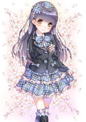 Rule 34 | 1girl, blazer, blush, bow, bowtie, checkered clothes, checkered skirt, corsage, floral background, flower, frills, hair bow, hair ribbon, highres, jacket, kink (tortoiseshell), lace, lace-trimmed skirt, lace trim, long hair, original, purple hair, ribbon, skirt, solo, yellow eyes