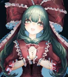 Rule 34 | 1girl, black background, blunt bangs, commentary request, corset, dress, earrings, front ponytail, green eyes, green hair, hair ribbon, head tilt, jewelry, kagiyama hina, long hair, looking at viewer, mokokiyo (asaddr), own hands clasped, own hands together, puffy short sleeves, puffy sleeves, red dress, red ribbon, ribbon, ringed eyes, short sleeves, signature, simple background, smile, solo, touhou, upper body, wrist cuffs