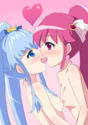 Rule 34 | 10s, 2girls, aino megumi, blue eyes, blue hair, breast press, breasts, cure lovely, cure princess, earrings, female focus, french kiss, hair ornament, happinesscharge precure!, heart, jewelry, kiss, long hair, multiple girls, nipples, nude, pink background, ponytail, precure, purple eyes, purple hair, saliva, shirayuki hime, simple background, sketch, small breasts, symmetrical docking, tanuxu, tongue, twintails, very long hair, wide ponytail, yuri