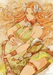 Rule 34 | 1girl, armband, artist name, bare shoulders, bracer, breasts, circlet, cleavage, cowboy shot, dated, dress, final fantasy, final fantasy xiv, green dress, green eyes, hair ornament, halter dress, halterneck, large breasts, leaf hair ornament, long hair, looking at viewer, nophica, orange hair, parted bangs, smile, solo, thigh strap, uroko (mnr), wavy hair