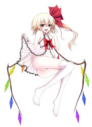 Rule 34 | 1girl, absurdres, ass, asymmetrical hair, babydoll, blonde hair, bow, embodiment of scarlet devil, fangs, feet, female focus, flandre scarlet, hat, highres, legs, lingerie, looking at viewer, nail polish, naughty face, navel, negligee, no panties, open mouth, ponytail, pussy, red eyes, red nails, see-through, short hair, side ponytail, simple background, smile, solo, thighhighs, touhou, uncensored, underwear, utakata (kochou no yume), white thighhighs, wings