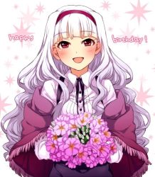 Rule 34 | 1girl, bad id, bad pixiv id, blush, bouquet, breasts, flower, hairband, happy birthday, idolmaster, idolmaster (classic), large breasts, long hair, looking at viewer, open mouth, red eyes, restaint, shijou takane, silver hair, smile, solo, white background