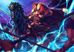 Rule 34 | 1boy, arm armor, armor, bara, beard, black hair, bucephalus (fate), cape, carousel, cleavage cutout, clothing cutout, facial hair, fate/grand order, fate/zero, fate (series), fighting stance, from side, full body, fur trim, holding, horse, horseback riding, iskandar (fate), leather, lightning, looking at viewer, ma2910ko, male focus, muscular, pectorals, red cape, red eyes, red hair, riding, sandals, sky, soldier, solo focus, sword, weapon