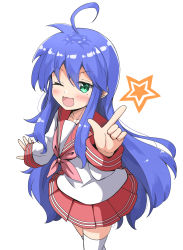 Rule 34 | 1girl, :3, ;d, ahoge, aikawa ryou, blue hair, blush, collarbone, commentary request, green eyes, hair between eyes, highres, index finger raised, izumi konata, long hair, long sleeves, looking at viewer, lucky star, mole, mole under eye, neckerchief, one eye closed, open mouth, pink neckerchief, pleated skirt, ryouou school uniform, sailor collar, school uniform, serafuku, shirt, simple background, skirt, sleeves past wrists, smile, solo, thighhighs, very long hair, white background, white shirt, white thighhighs, zettai ryouiki