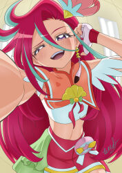 Rule 34 | 1girl, blue hair, colored eyelashes, cure flamingo, earrings, feather earrings, feathers, fingerless gloves, gloves, highres, jewelry, long hair, magical girl, midriff, mismatched eyelashes, multicolored hair, open mouth, precure, purple eyes, red hair, selfie, solo, takizawa asuka, thick eyelashes, tiler (tiler00), triangle earrings, tropical-rouge! precure, two-tone hair
