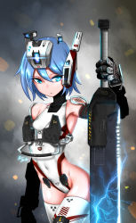 Rule 34 | 1girl, animification, armpits, blue eyes, blue hair, electricity, glowing, glowing eyes, hair between eyes, highres, holding, holding sword, holding weapon, jazz jack, leotard, mecha musume, personification, ronin (titanfall 2), sword, titanfall, titanfall (series), titanfall 2, weapon