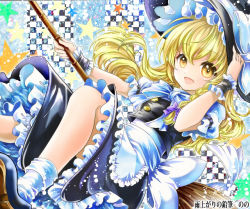 Rule 34 | 1girl, apron, bad id, bad pixiv id, blonde hair, bow, braid, broom, checkered background, frilled apron, frilled skirt, frills, hair bow, hand on headwear, hat, holding, kirisame marisa, lakestep55, long hair, looking at viewer, open mouth, puffy short sleeves, puffy sleeves, shoes, short sleeves, single braid, skirt, socks, solo, star (symbol), touhou, witch hat, wrist cuffs, yellow eyes
