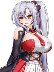 Rule 34 | 1girl, asamura hiori, azur lane, bare shoulders, between breasts, blush, breasts, cleavage cutout, clothing cutout, drake (azur lane), dress, elbow gloves, fang, gloves, hair between eyes, highres, large breasts, long hair, necktie, necktie between breasts, red necktie, side ponytail, silver hair, solo, strapless, strapless dress, upper body, very long hair, white dress, yellow eyes