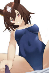 Rule 34 | 1girl, absurdres, animal ears, bare shoulders, blue one-piece swimsuit, blush, breasts, brown hair, commentary request, covered navel, ear ornament, from below, grin, hair between eyes, highres, horse ears, horse girl, kyanitarou, long hair, looking at viewer, medium breasts, multicolored hair, one-piece swimsuit, red eyes, simple background, sirius symboli (umamusume), smile, solo, streaked hair, swimsuit, umamusume, white background, white hair