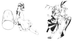 Rule 34 | 2girls, animal ears, ascot, barefoot, rabbit ears, dress, female focus, flandre scarlet, foreshortening, greyscale, inaba tewi, mallet, monochrome, multiple girls, one side up, realistic, ribbon, short hair, side ponytail, sousou (sousouworks), touhou, wings
