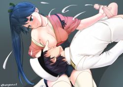 Rule 34 | 1boy, 1girl, admiral (kancolle), asaga aoi, black hair, blue eyes, blue hair, breasts, censored, closed mouth, collarbone, cum, dark blue hair, ejaculation, handjob, hat, hetero, houshou (kancolle), japanese clothes, kantai collection, long hair, looking at another, medium breasts, military, military uniform, mosaic censoring, nursing handjob, on lap, one breast out, peaked cap, penis, ponytail, short hair, single bare shoulder, sitting, smile, thighhighs, thighs, twitter username, uniform, very long hair, wariza, white headwear, white thighhighs, zettai ryouiki
