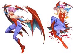 Rule 34 | 1girl, armpits, bare shoulders, bat wings, boots, flat chest, highres, leotard, lilith aensland, pink hair, rozavamp, short hair, vampire (game), wings