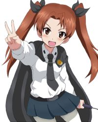 Rule 34 | 1girl, :d, anchovy (girls und panzer), anchovy (girls und panzer) (cosplay), anzio school uniform, belt, black belt, black cape, black necktie, black ribbon, black skirt, brown eyes, brown hair, cape, commentary, cosplay, cowboy shot, dress shirt, emblem, girls und panzer, hair ribbon, holding, kadotani anzu, kayabakoro, long hair, long sleeves, looking at viewer, miniskirt, necktie, one-hour drawing challenge, open mouth, pantyhose, parted bangs, pleated skirt, ribbon, riding crop, school uniform, shirt, simple background, skirt, smile, solo, standing, twintails, v, white background, white pantyhose, white shirt