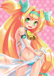 Rule 34 | 1girl, absurdres, bell, blazblue, blonde hair, bow, collar, green eyes, hair bow, heart, heart-shaped pupils, highres, long hair, navel, neck bell, non-web source, official art, platinum the trinity, solo, swimsuit, symbol-shaped pupils