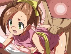 Rule 34 | 00s, 1girl, bent over, blue dragon, blush, bottomless, breasts, brown hair, cum, cum in pussy, egg, fertilization, green eyes, hand on head, impregnation, kiryu manzoku, kluke, nipples, ovum, ponytail, ribbon, sex, small breasts, sperm cell, sweat, torn clothes, vaginal