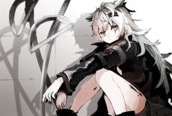 Rule 34 | 1girl, a.a (aa772), animal ears, arknights, black jacket, black nails, black shorts, brown eyes, closed mouth, commentary request, grey hair, hair ornament, hairclip, highres, jacket, knees together feet apart, knees up, lappland (arknights), long hair, long sleeves, looking at viewer, material growth, nail polish, oripathy lesion (arknights), outstretched arms, scar, scar across eye, scar on face, short shorts, shorts, sitting, sketch, sleeves past wrists, solo, very long hair