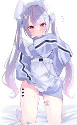 Rule 34 | 1girl, absurdres, animal ears, apron, bandaid, bandaid on leg, bandaid on thigh, blue bow, blue jacket, blush, bow, clothes lift, flying sweatdrops, frilled apron, frills, grey hair, hair ornament, hairclip, heart, heart hair ornament, highres, jacket, jacket lift, jersey maid, kneeling, long hair, long sleeves, looking at viewer, loose socks, maid, maid headdress, meercat dayo, multicolored hair, no pants, pink hair, purple eyes, purple hair, rabbit ears, rabbit hair ornament, short eyebrows, sleeves past fingers, sleeves past wrists, socks, solo, streaked hair, sweat, tosaki mimi, tosaki mimi (4th costume), turtleneck, turtleneck jacket, twintails, unaligned ears, unconventional maid, very long hair, virtual youtuber, vspo!, waist apron, white apron, white socks