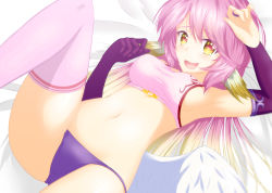 Rule 34 | 1girl, absurdres, angel wings, armpits, blush, breasts, bridal gauntlets, commentary, elbow gloves, english commentary, feathered wings, gloves, gradient hair, heart, heart-shaped pupils, highres, jibril (no game no life), large breasts, leg up, long hair, looking at viewer, low wings, lukmanscootkenn, lying, midriff, multicolored eyes, multicolored hair, navel, no game no life, no tattoo, on back, on bed, open mouth, panties, pink hair, pink shirt, pink thighhighs, purple gloves, purple panties, shirt, sideboob, sidelocks, single bridal gauntlet, single elbow glove, single thighhigh, sleeveless, sleeveless shirt, solo, symbol-shaped pupils, taut clothes, thighhighs, underwear, wavy mouth, white wings, wing ears, wings, yellow eyes
