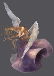 Rule 34 | 1990s (style), 1girl, angel, bare shoulders, blonde hair, closed eyes, dress, female focus, final fantasy, final fantasy vi, full body, highres, interlocked fingers, large wings, long hair, own hands clasped, own hands together, pisuke, pointy ears, retro artstyle, seraphim (ff6), seraphim (final fantasy), simple background, solo, strapless, strapless dress, very long hair, wings
