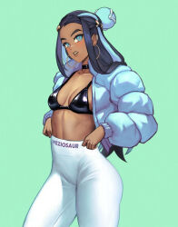 Rule 34 | 1girl, black hair, blue eyes, blue hair, blush, breasts, choker, cleavage, clothes pull, creatures (company), earrings, game freak, green background, hoop earrings, jacket, jewelry, looking at viewer, meziosaur, nessa (pokemon), nintendo, pants, pokemon, pokemon swsh, simple background, small breasts, solo, white pants