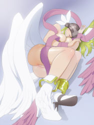 Rule 34 | 1girl, angel wings, angewomon, ass, blonde hair, boots, breasts squeezed together, breasts, covered eyes, digimon, digimon (creature), dutch angle, facing viewer, hagoromo, hair spread out, helmet, high heel boots, high heels, highres, large breasts, legs together, long hair, lying, muramura hito, on side, parted lips, shawl, solo, white footwear, white wings, winged helmet, wings