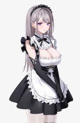 Rule 34 | 1girl, apron, black dress, black gloves, black headwear, blue eyes, blush, breasts, chigusa minori, commentary, corrupted twitter file, dress, elbow gloves, gloves, grey background, grey hair, highres, large breasts, long hair, looking at viewer, maid headdress, parted lips, saotome shino (shino to ren), shino to ren, simple background, smile, solo, symbol-only commentary, white apron