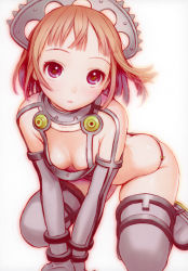 Rule 34 | 1girl, all fours, arm support, ass, bikini, blue eyes, blunt bangs, blush, bob cut, boots, breasts, brown hair, butt crack, cleavage, detached sleeves, downblouse, downpants, elbow gloves, gloves, hair ornament, highres, looking at viewer, maid headdress, murata range, original, purple eyes, scan, short hair, small breasts, solo, swimsuit, thigh boots, thighhighs