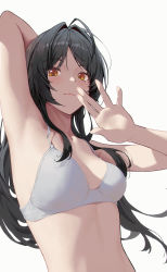 1girl ahoge arm_behind_head arm_up armpits black_hair blush bra breasts fingernails hair_intakes highres kawaii_hito light_smile long_hair looking_at_viewer orange_eyes original parted_bangs simple_background small_breasts solo underwear underwear_only upper_body waving white_bra