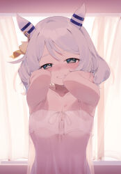 Rule 34 | 1girl, alternate costume, animal ears, armpits, arms up, bare shoulders, blush, breasts, brown eyes, cleavage, commentary, covered navel, curtains, ear covers, ear ornament, grey hair, grin, hair between eyes, highres, hishi miracle (umamusume), horse ears, horse girl, indoors, looking at viewer, medium breasts, medium hair, nightgown, smile, solo, umamusume, underwear, upper body, uta (xuyansong1996), white nightgown, window