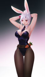 Rule 34 | 1girl, absurdres, alternate costume, animal ears, armpits, bare shoulders, battle bunny riven, belt, black necktie, breasts, carrot, cleavage, detached collar, fake animal ears, folded ponytail, gradient background, highres, kezi, large breasts, league of legends, leotard, necktie, pantyhose, playboy bunny, rabbit ears, rabbit girl, red eyes, riven (league of legends), short hair, solo, standing, white hair