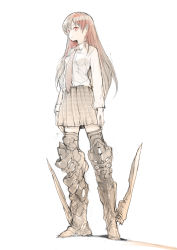 Rule 34 | 1girl, blouse, boots, breasts, burningblossom, collared shirt, hair behind ear, highres, medium breasts, armored boots, necktie, plaid, plaid skirt, red eyes, red hair, shirt, sketch, skirt, solo, standing, thigh boots, thighhighs, white shirt, yasashi isekai e youkoso