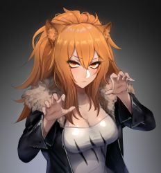 Rule 34 | 1girl, animal ears, arknights, bad id, bad twitter id, black jacket, blonde hair, blush, breasts, claw pose, cleavage, commentary, fur-trimmed jacket, fur trim, gradient background, grey background, hair between eyes, hands up, highres, jacket, lion ears, long hair, long sleeves, looking at viewer, luminyol, medium breasts, open clothes, open jacket, orange eyes, shirt, siege (arknights), solo, t-shirt, upper body, v-shaped eyebrows, white shirt