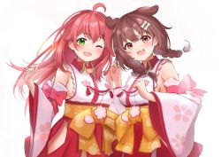 Rule 34 | 2girls, :d, ;d, ahoge, animal ears, blush, bone hair ornament, braid, breasts, brown eyes, brown hair, collared shirt, commentary request, cosplay, detached sleeves, dog ears, extra ears, fangs, floating hair, floral print, green eyes, hair ornament, highres, holding hands, hololive, inugami korone, long hair, long sleeves, looking at viewer, medium breasts, multiple girls, one eye closed, open mouth, paw print, pink hair, red skirt, sakura miko, sakura miko (1st costume), sakura miko (cosplay), sash, shirt, sideboob, skirt, sleeveless, sleeveless shirt, smile, takumin dx, twin braids, virtual youtuber, white shirt, yellow sash