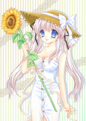 Rule 34 | 1girl, 2000s (style), :d, archived source, bare arms, bare shoulders, black ribbon, blush, bow, bracelet, breasts, buttons, cleavage, collarbone, dress, drop shadow, flower, grey hair, hair between eyes, hair ribbon, hand up, hat, hat bow, holding, holding flower, jewelry, leaf, long hair, mabinogi, medium breasts, nao (mabinogi), official alternate costume, open mouth, ribbon, shararan, sidelocks, smile, solo, straw hat, striped, striped background, sunflower, twintails, very long hair, white bow, white dress, yellow flower, yellow hat