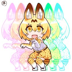 Rule 34 | &gt;:d, 10s, 1girl, :d, afterimage, animal ears, blonde hair, blush, fangs, gloves, jinnouchi akira, kemono friends, open mouth, serval (kemono friends), serval tail, short hair, skirt, smile, solo, striped tail, tail, thighhighs, v-shaped eyebrows, yellow eyes