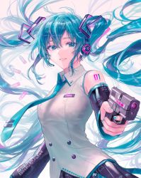 Rule 34 | 1girl, bad id, bad twitter id, bare shoulders, black skirt, black sleeves, blue eyes, blue hair, blue nails, blue necktie, breasts, cartridge, collared shirt, commentary request, detached sleeves, fingernails, grin, gun, hair between eyes, hair ornament, handgun, hatsune miku, headset, highres, holding, holding gun, holding weapon, long hair, long sleeves, looking at viewer, medium breasts, multicolored hair, nail polish, necktie, nyam 030, pink hair, pistol, shirt, sig p228/p229, skirt, smile, solo, streaked hair, twintails, upper body, very long hair, vocaloid, weapon, white background, white shirt