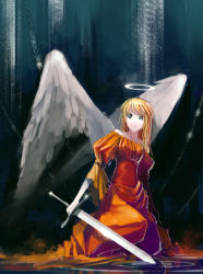 Rule 34 | 1girl, angel, bad id, bad pixiv id, blonde hair, blue eyes, blueman, dress, halo, kneeling, large wings, original, red dress, solo, sword, weapon, wings