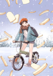 Rule 34 | 1girl, backpack, bag, bare tree, beret, bicycle, bizarre rain, black hair, black shorts, blue jacket, bread, bread slice, brown scarf, closed mouth, commentary, day, food, grey footwear, grey shorts, hat, highres, jacket, long sleeves, original, outdoors, red hat, red socks, scarf, shoes, short hair, shorts, sideways glance, sky, smile, snow, snowing, socks, solo, standing, steam, symbol-only commentary, tree, yuki kurita