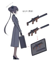 Rule 34 | 1girl, black coat, black dress, black gloves, black hair, blue archive, briefcase, brown pantyhose, butterfly hair ornament, character sheet, closed eyes, coat, dress, from side, full body, gloves, gun, hair ornament, halo, high heels, highres, holding, holding briefcase, kisaki (blue archive), long hair, long sleeves, pantyhose, sidelocks, solo, striped, striped coat, submachine gun, suppressor, translation request, vertical-striped coat, weapon, ytmkz, yutokamizu