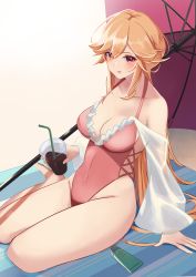 Rule 34 | 1girl, arm support, azur lane, bad id, bad pixiv id, barefoot, beach, beach umbrella, breasts, cleavage, commentary request, covered navel, cup, disposable cup, drinking straw, frilled one-piece swimsuit, frilled swimsuit, frills, full body, highleg, highleg swimsuit, highres, large breasts, leaning forward, long hair, looking at viewer, lotion, manjirou (manji illust), multiple straps, official alternate costume, one-piece swimsuit, orange hair, pink one-piece swimsuit, purple umbrella, red eyes, revision, richelieu (azur lane), richelieu (fleuron of the waves) (azur lane), sand, see-through, see-through sleeves, side-tie swimsuit, sitting, solo, sunscreen, swimsuit, umbrella, very long hair, yokozuwari
