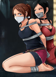 Rule 34 | 2girls, barefoot, bike shorts, black hair, black tank top, blue eyes, bound, bound ankles, bound torso, bound wrists, breasts, brown eyes, brown hair, capcom, choker, claire redfield, cleavage, cloth gag, dress, earrings, feet, gag, gagged, highres, improvised gag, jewelry, legs, lost one zero, medium breasts, multiple girls, necklace, over the nose gag, red dress, resident evil, resident evil 2, seiza, shirt, shorts, sitting, sleeveless, sleeveless shirt, tank top, tape, tape gag, thighs