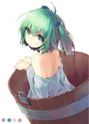 Rule 34 | 1girl, back, bucket, green eyes, green hair, hair bobbles, hair ornament, in bucket, in container, japanese clothes, kimono, kisume, long sleeves, looking at viewer, looking back, matching hair/eyes, off shoulder, short hair, simple background, solo, tecoyuke, touhou, twintails, white background, wide sleeves