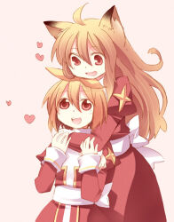 Rule 34 | 2girls, ahoge, animal ears, back bow, blonde hair, bow, commentary request, cowboy shot, cross, doridori, dress, flat chest, fox ears, hair between eyes, hair bow, heart, high priest (ragnarok online), hug, hug from behind, juliet sleeves, long bangs, long hair, long sleeves, looking at another, multiple girls, open mouth, pink background, puffy sleeves, ragnarok online, red dress, red eyes, sash, short hair, simple background, smile, two-tone dress, waist bow, white bow, white dress, white sash, yellow bow