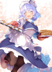 Rule 34 | 1girl, black pantyhose, blue hair, bow, breasts, closed eyes, commentary request, cookie, crop top, crop top overhang, food, foreshortening, hat, highres, kokka han, large breasts, letty whiterock, long sleeves, open mouth, oven mitts, pancake, pantyhose, plate, puffy sleeves, red bow, revision, slippers, smile, solo, touhou, tray, white hat