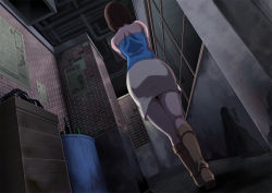Rule 34 | 1girl, ass, back, bare shoulders, boots, brown hair, butcha-u, from behind, jill valentine, legs, looking away, resident evil, resident evil 3: nemesis, short hair, skirt, solo, standing, tank top, thighs, trash can, walking