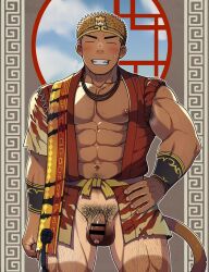 Rule 34 | 1boy, abs, armpit hair, armpits, bara, black hair, blonde hair, blush, closed eyes, crave saga, diadem, flaccid, futase hikaru, hairy, hand on own hip, highres, japanese clothes, jewelry, kimono, male focus, manly, mature male, muscular, muscular male, necklace, nipples, nose blush, nyoibou, open clothes, open kimono, pectorals, penis, pubic hair, scar, short hair, short sleeves, smirk, solo, spiked hair, tail, tan, tanline, teeth, testicles, thick arms, thick eyebrows, thick thighs, thighs, undercut, veins, wristband