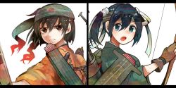 Rule 34 | 10s, 2girls, archery, arrow (projectile), back, bad id, bad twitter id, blouse, blue eyes, blue hair, bow (weapon), breasts, brown eyes, brown hair, female focus, flight deck, gloves, hachimaki, hairband, headband, hiryuu (kancolle), itomugi-kun, japanese clothes, kantai collection, kyuudou, multiple girls, open mouth, partially fingerless gloves, partly fingerless gloves, quiver, radio antenna, remodel (kantai collection), shirt, short hair, side ponytail, single glove, souryuu (kancolle), twintails, upper body, weapon, white background, yugake