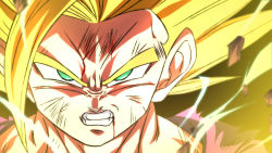 Rule 34 | 1boy, angry, aura, battle damage, blonde hair, blood, blood from mouth, blood on face, clenched teeth, dougi, dragon ball, dragonball z, electricity, green eyes, looking at viewer, male focus, rom (20), solo, son gohan, spiked hair, super saiyan, super saiyan 2, teeth, torn clothes, upper body