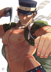 Rule 34 | 1boy, abs, bara, bare pectorals, black hair, closed mouth, coat, facial scar, fighting stance, golden kamuy, hat, holding, holding sword, holding weapon, large pectorals, long coat, looking at viewer, male focus, military, military hat, muscular, muscular male, navel, nipples, onnomono, open clothes, open coat, pectorals, scar, scar on arm, scar on cheek, scar on chest, scar on face, scar on mouth, scar on nose, short hair, solo, sugimoto saichi, sword, weapon